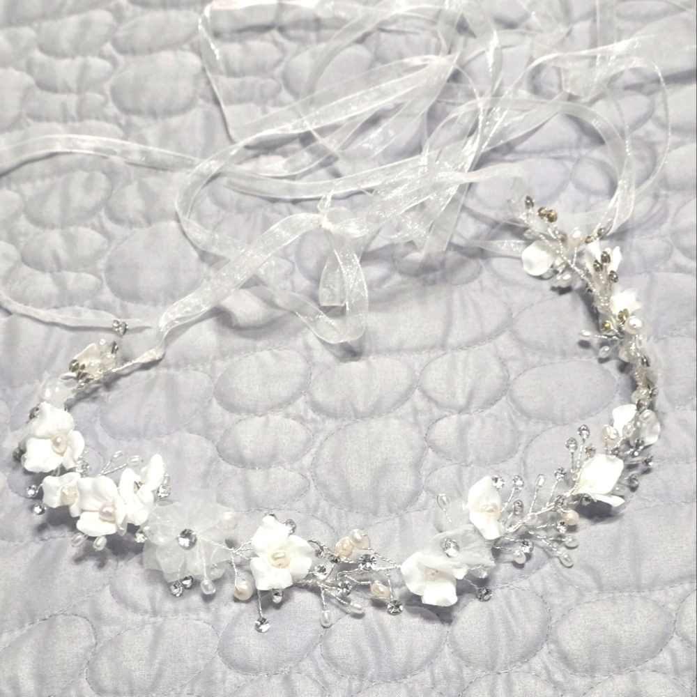 David's Bridal3D Flower Ribbon-Tie Headband with Pearls